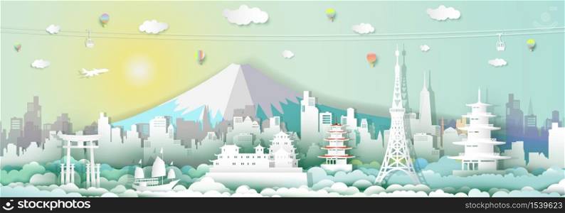 Traveling japan with cable car, balloon and airplane, Landmarks of asean with architecture culture city and tourism, Travel in Asia with paper cut origami style for travel postcard,Vector illustration