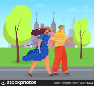 Traveling man and woman walking in park of city. Female and male characters wearing light summer clothes. Fashionable lady in dress and hat. Guy strolling by wife or friend. People outdoors vector. Couple in Windy Citys Park Man and Woman Traveling