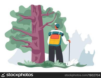 Traveling man with pole and backpack hiking in woods or park using pole. Active lifestyle and hobbies in summer. Trekking and recreation on vacations or weekends. Person with bag. Vector in flat style. Male character hiking in woods alone, traveler
