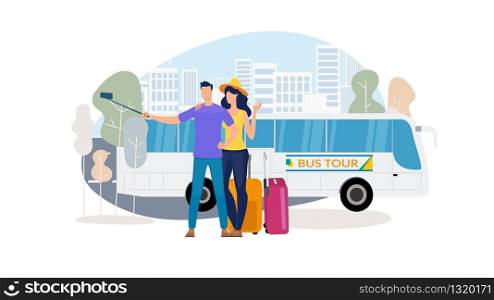 Traveling on Bus, City Excursion Tours Trendy Flat Vector Concept. Happy Couple Shooting Selfie Photo with Cellphone, Wife and Husband with Luggage Going at Romantic Journey on Coach Bus Illustration