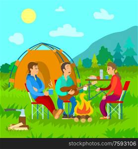 Traveling or camping, campfire and tent, friends with guitar vector. Lunch and firewood with ax, meadow and mountains, tea and marshmallow, wild nature. Peoples on camping in flat style. Camping, Campfire and Tent, Friends with Guitar