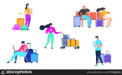 Traveling People Flat Vectors Set Isolated on White Background. Men and Woman with Baggage Calling Taxi, Booking Tickets Online, Planning Trip, Waiting for Flight in Airport Illustration Collection