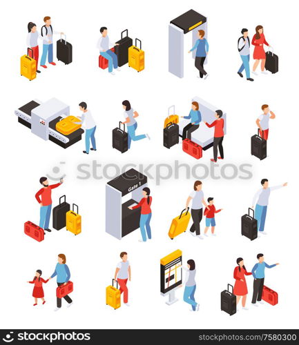 Traveling people icons set with luggage and tickets isometric isolated vector illustartion