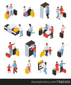 Traveling people icons set with luggage and tickets isometric isolated vector illustartion