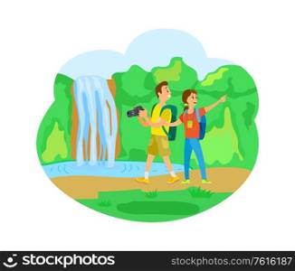 Traveling people on nature vector, man and woman surrounded with greenery. Couple of backpackers with photo camera, bushes with trees and waterfall. Waterfall Natural Landscape, Tourists Traveling