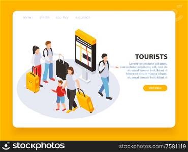 Traveling people page design with tourism symbols isometric vector illustartion