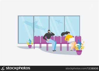 Traveling People Waiting for Flight in Airport Lounge Area Flat Vector Isolated on White Background. Airline Passengers Resting, Drinking Coffee, Working on Laptop in Airport Terminal Illustration