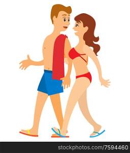 Traveling people wearing swimming suits vector, couple on vacation relaxing together. Woman and man with adventurous lifestyle. Happy travelers strolling. Tourism People Walking Calmly, Couple Traveling