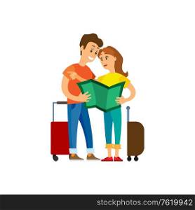 Traveling people with map reading atlas vector. Man and woman looking at printing material, baggage and luggage of travelers, tourists on vacation. Tourists Looking at Map, Lost People Travelers
