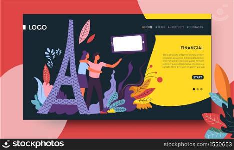 Traveling romantic trip to Paris order web page template vector man and woman taking selfie with eiffel tower France journey or tour online order Internet site landmark and attraction sightseeing. Romantic trip to Paris order web page template