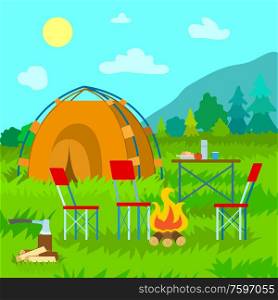 Traveling season in summer vector, vacation and relaxation camp. Mountains and forest of pines and spruce, tent and bonfire with logs, table and food in plate. Camping equipment on grass. Camping in Mountains, Nature and Tent with Bonfire