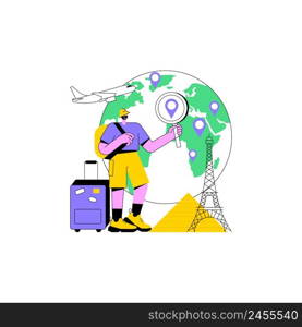 Traveling the world abstract concept vector illustration. Worldwide adventure, holiday trip, hitchhiking, travel blog, luggage bag, foreign country, plane departure, destination abstract metaphor.. Traveling the world abstract concept vector illustration.