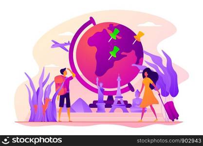 Traveling the world, worldwide adventure, around the world trip concept. Colorful vector isolated concept illustration with tiny people and floral organic elements. Hero image for website.. Traveling the world vector concept vector illustration.