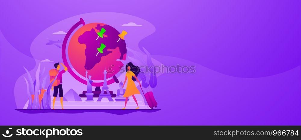 Traveling the world, worldwide adventure, around the world trip concept. Vector banner template for social media with text copy space and infographic concept illustration.. Traveling the world vector web banner concept.