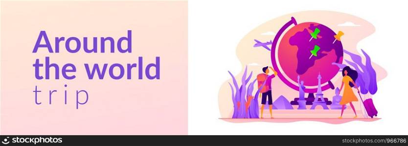Traveling the world, worldwide adventure, around the world trip concept. Vector banner template for social media with text copy space and infographic concept illustration.. Traveling the world vector web banner concept.