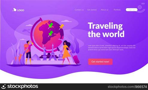 Traveling the world, worldwide adventure, around the world trip concept. Website interface UI template. Landing web page with infographic concept creative hero header image.. Traveling the world vector landing page template.