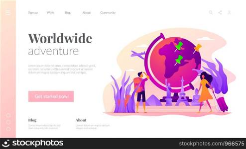 Traveling the world, worldwide adventure, around the world trip concept. Website interface UI template. Landing web page with infographic concept creative hero header image.. Traveling the world vector landing page template.