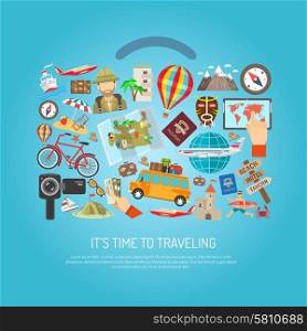 Traveling Time Flat Color Concept . Time to traveling text attribution symbols and character flat color concept vector illustration
