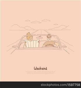 Traveling together by car, couple on road trip, looking at map to find way, summer vacation, holiday in cabriolet banner. Weekend activity cartoon concept sketch. Flat vector illustration. Traveling together by car, couple on road trip, looking at map to find way, summer vacation, holiday in cabriolet banner