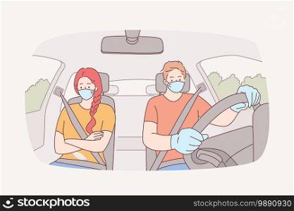 Traveling, using taxi, wearing face mask during COVID-19 pandemic. Young sad unhappy couple cartoon characters sitting inside car in protective medical masks during journey ride illustration. Traveling, using taxi, wearing face mask during COVID-19 pandemic