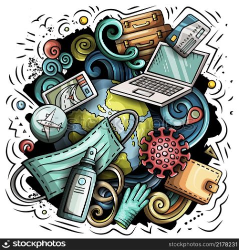 Traveling vector doodles illustration. New normal elements and objects cartoon background. Bright colors funny picture. All items are separated. Traveling vector doodles illustration.