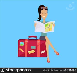 Traveling with Baggage Concept Illustration. Summer vacation concept. Traveling with baggage illustration. Flat style design. Smiling brunette woman seating on suitcase and looking in road map. Isolated on blue background.