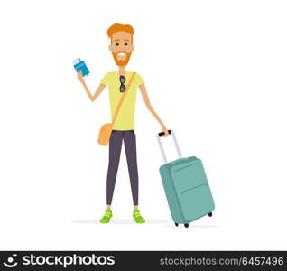 Traveling with Baggage Concept Illustration. Summer vacation concept. Traveling with baggage illustration. Flat style design. Smiling redheaded man with trolley suitcase holding documents. Isolated on white background.