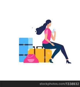 Traveling with Baggage Flat Vector Concept. Woman with Smartphone, Calling Taxi, Booking Tickets Online, Searching for Flights Schedule in Internet While Sitting on Road Bags Isolated Illustration