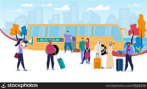 Traveling with Bus Tours Trendy Flat Vector Concept. Multinational Tourists Group with Baggage Bags, Waiting for Journey on Bus, Female Guide, Excursionist Doing Speaking in Loudspeaker Illustration