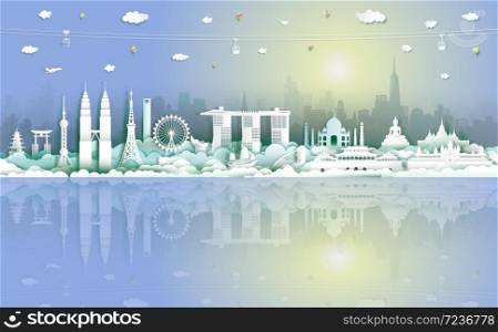 Traveling with cabel car, balloon and airplane, Landmarks of asean and reflection in sunrise background, Travel around the world to Asia with paper cut origami style for travel poster and postcard.
