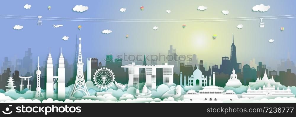 Traveling with cabel car, balloon and airplane, Landmarks of asean with city and tourism asia background, Travel around the world to Asia with origami paper cut style for travel poster and postcard.