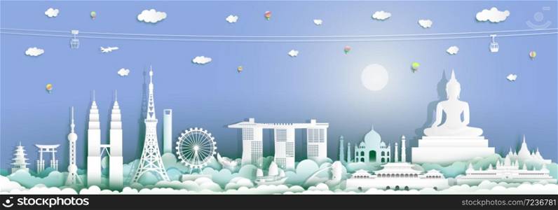 Traveling with cabel car, balloon and airplane, Landmarks of asean with full moon at blue background, Travel around the world to Asia with origami paper cut style for travel poster and postcard.