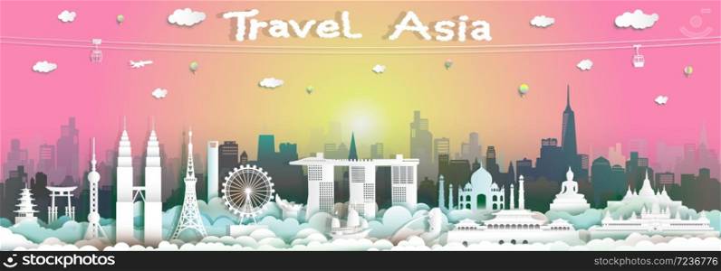 Traveling with cabel car, balloon and airplane, Landmarks of asean with skyline of city on pink background, Travel around the world to Asia with paper cut with style for travel poster and postcard.
