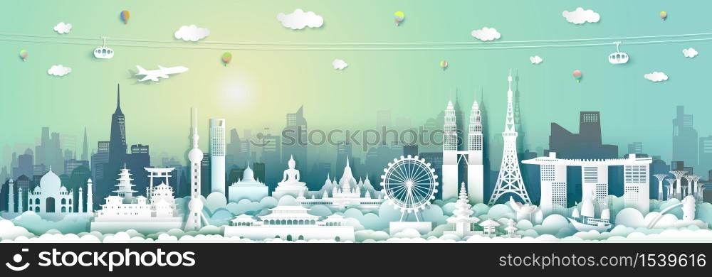 Traveling with capital city by balloon, airplane, Landmarks of asean with cityscape and tourism asia background, Travel around world to Asia, origami paper cut style for travel poster and postcard.