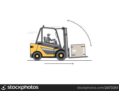 Traveling with raised forks and mast tilted back. Flat line vector design of forklift with operator and load.