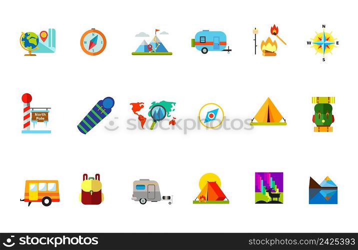 Traveling with tent icon set. Globe and Map Compass Mountain Peak Vacation Destination on Map Campfire Sleeping Bag Hiking Backpack Trailer Backpack Caravan Camping Tent Northern Light and Deer
