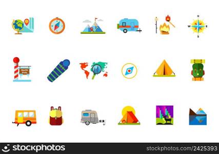 Traveling with tent icon set. Globe and Map Compass Mountain Peak Vacation Destination on Map Campfire Sleeping Bag Hiking Backpack Trailer Backpack Caravan Camping Tent Northern Light and Deer