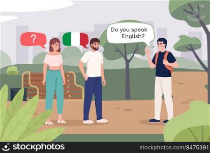 Traveling without speaking Italian flat color vector illustration. English speaking tourist. Fully editable 2D simple cartoon characters with cityscape on background. Comfortaa Bold font used. Traveling without speaking Italian flat color vector illustration