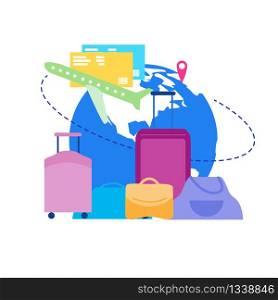 Traveling World by Airplane Flat Vector Concept with Passenger Airliner Flying around Globe, Destination Pin on World Map, Flights Pass and Baggage Bags Illustration Isolated on White Background