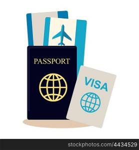 Traveller documents set in flat style design. Passport, visa, airplane tickets icon vector illustration. Preparing and planning summer vacation journey concept. Isoleted on white.