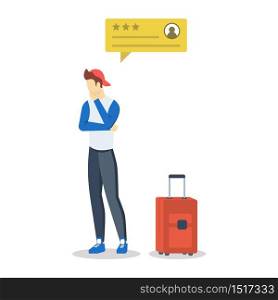Traveller with neutral review bubble semi flat RGB color vector illustration. Consumer feedback. Client satisfaction. Quality evaluation. Satisfied customer. Isolated cartoon character on white