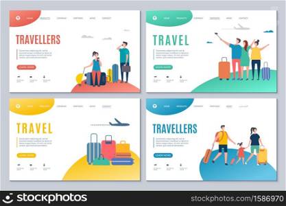 Travellers and travel landing page vector templates with adults and kids with suitcases. Illustration of traveller vacation, family in airport with baggage. Travellers and travel landing page vector templates with adults and kids with suitcases