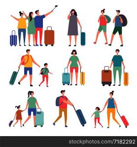 Travellers characters. Male and female characters at summer holidays. Man and woman travel, vacation holiday. Vector illustration. Travellers characters. Male and female characters at summer holidays