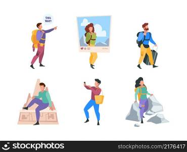 Travellers. Family couples happy people characters going to vacation outdoor tourists with backpacks garish vector flat colored illustrations. Tourism and vacation, man travel, happy trip. Travellers. Family couples happy people characters going to vacation outdoor tourists with backpacks garish vector flat colored illustrations