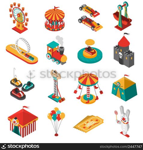 Travelling amusements park isometric icons collection with ferris observation wheel and circus tent abstract isolated vector illustration . Amusement Park Isometric Icons Collection