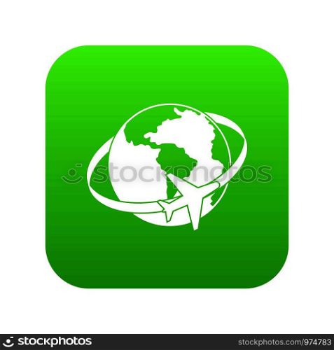 Travelling around the world icon digital green for any design isolated on white vector illustration. Travelling around the world icon digital green