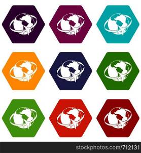 Travelling around the world icon set many color hexahedron isolated on white vector illustration. Travelling around the world icon set color hexahedron