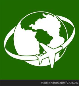 Travelling around the world icon white isolated on green background. Vector illustration. Travelling around the world icon green