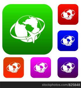 Travelling around the world set icon color in flat style isolated on white. Collection sings vector illustration. Travelling around the world set color collection