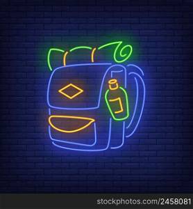 Travelling backpack neon sign. Travelling, tourist, hiking. Vector illustration in neon style for topics like tourism, camping